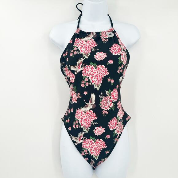 NWT Forever 21 Womens Beach Floral Bird Printed Halter One Piece Swimsuit Size M - Picture 1 of 7